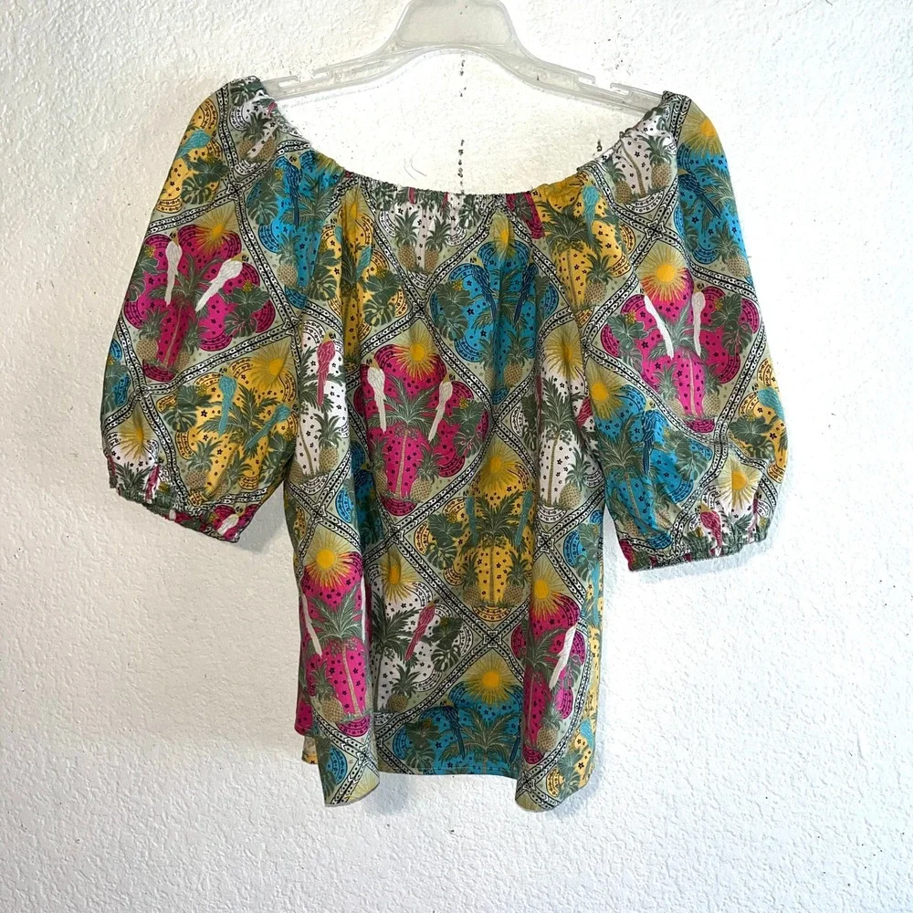 LOFT‎ Womens Tropical Tile Print Square Neck Puff Sleeve Blouse Parrots Multi S